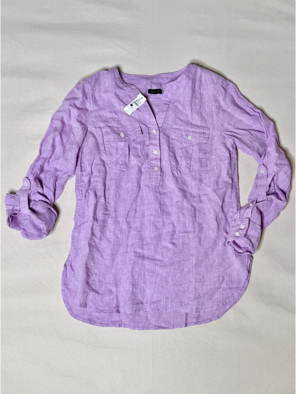 Talbots 100% Linen Lavender Purple Roll Tab Tunic Shirt XS NWT